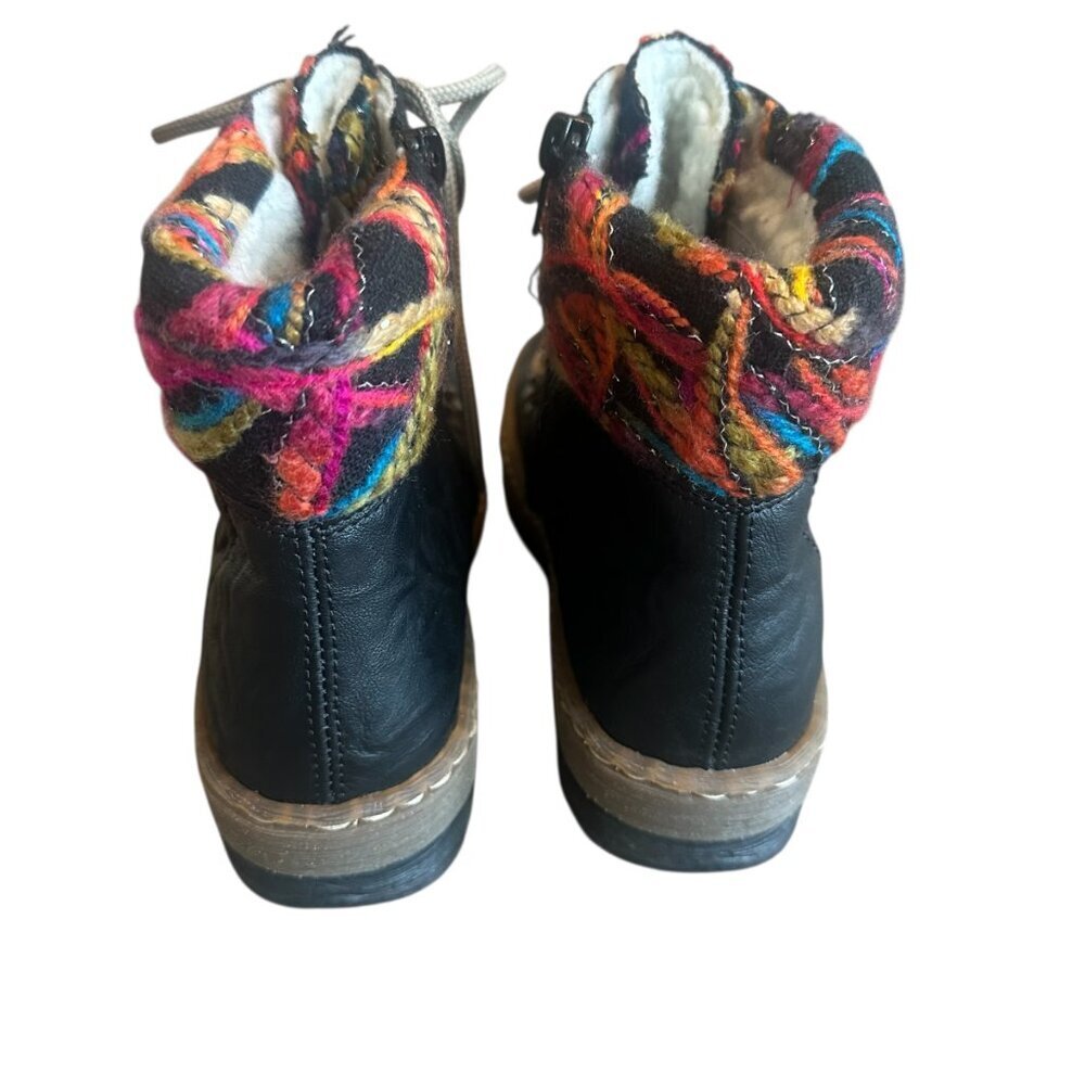 Rieker Black Leather Lace-Up Ankle Boots with Colorful Knit Cuff - Picture 5 of 12